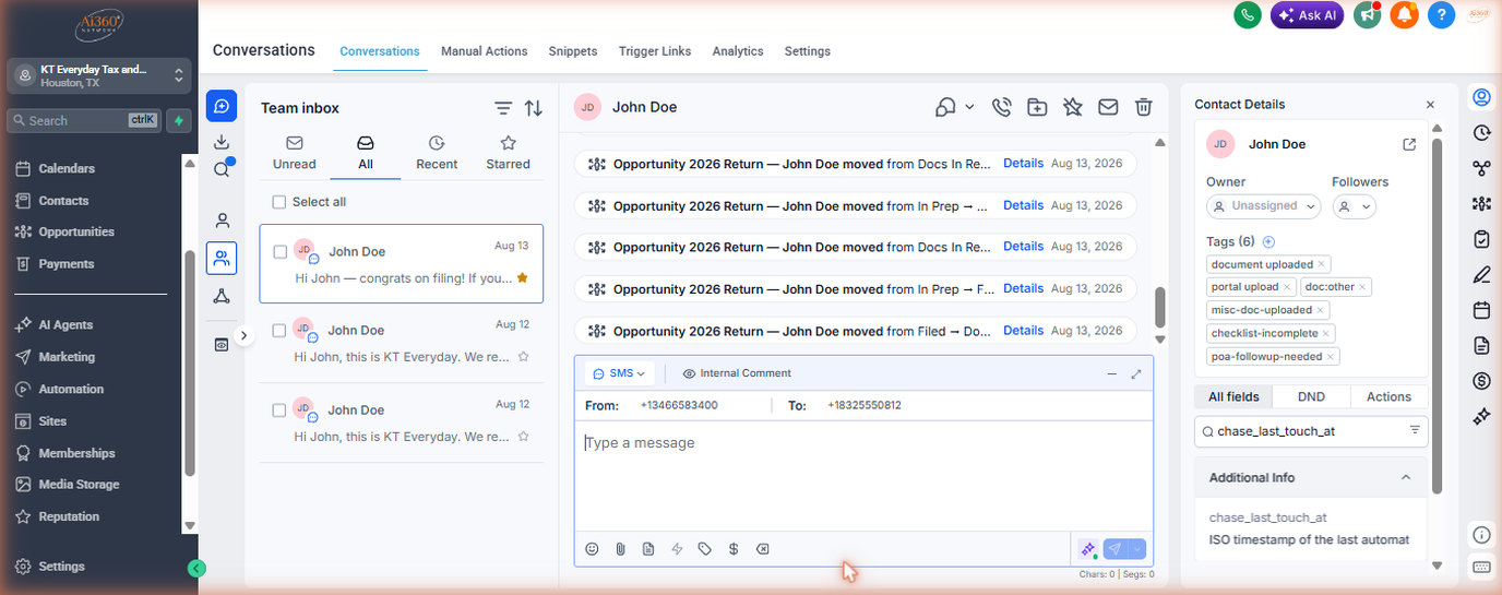 White SMS composer before switching to Internal Comment