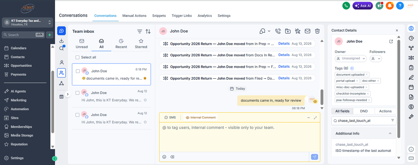 Yellow internal note posted in the thread with a timestamp