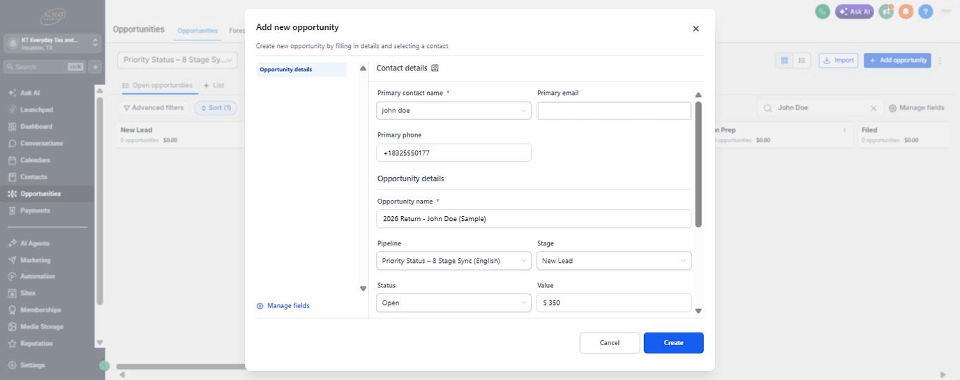 The filled form, Create bottom right
