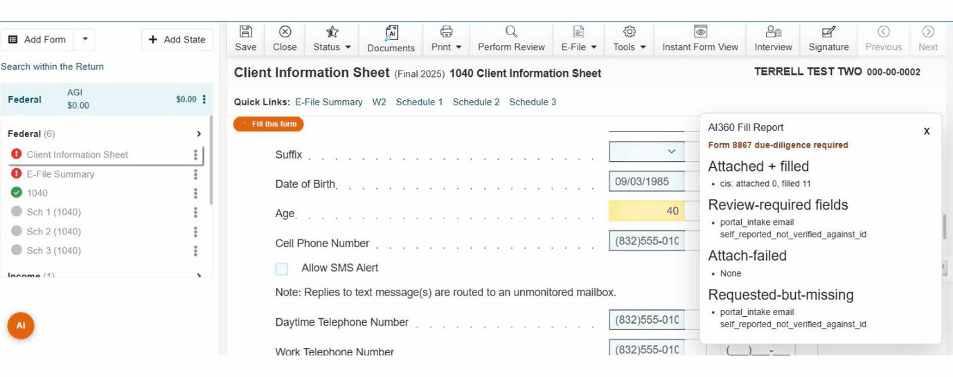 AI360 Fill Report open: Form 8867 due-diligence required, Attached and filled, Review-required fields naming a self-reported value not verified against ID, Attach-failed None, Requested-but-missing
