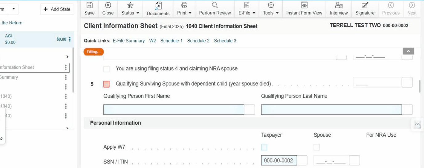 Fill in progress: the button reads Filling, a tooltip shows the matched client name and payload ID, fields not yet populated