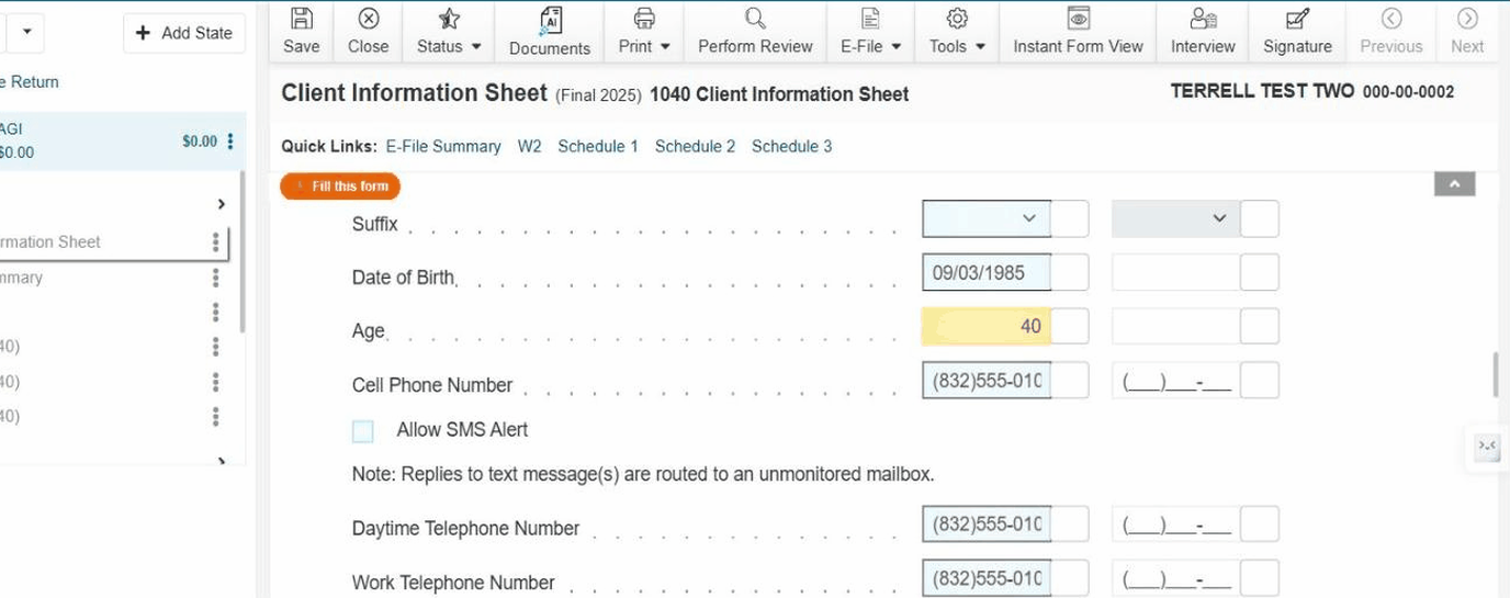 The same block after AI360 Fill: Date of Birth 09/03/1985 and Age 40 now populated; name, SSN / ITIN, and phone numbers unchanged from before