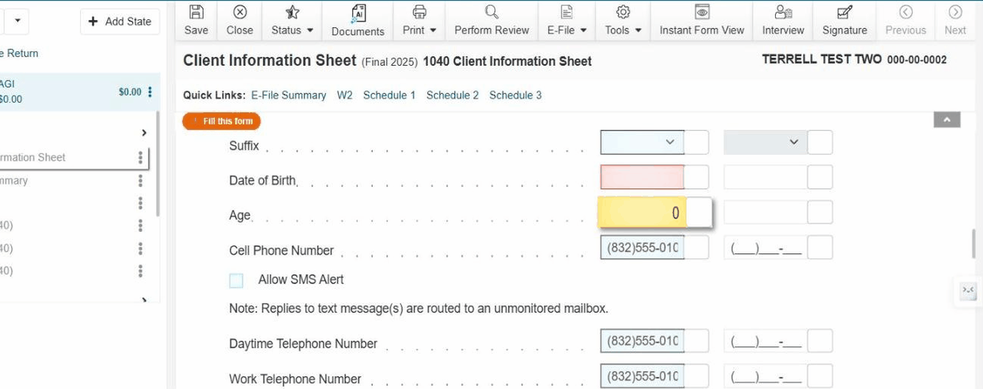 Personal Information block on the test return: Date of Birth empty and Age reading 0; name, SSN / ITIN 000-00-0002, and phone numbers already on the return