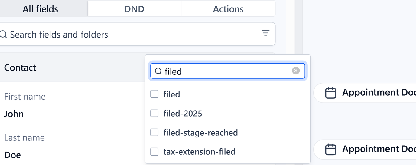Tag picker search filed, the documented filed-2025 action tag in the list