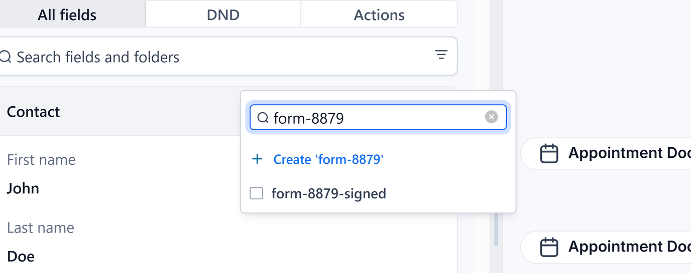 Tag picker search form-8879, the documented form-8879-signed action tag in the list