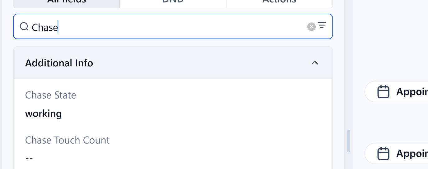 The same record pushed in on the Chase fields: Chase State reads working and Chase Touch Count is still empty