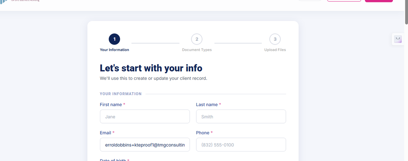 Portal wizard Step 1, Your Information
