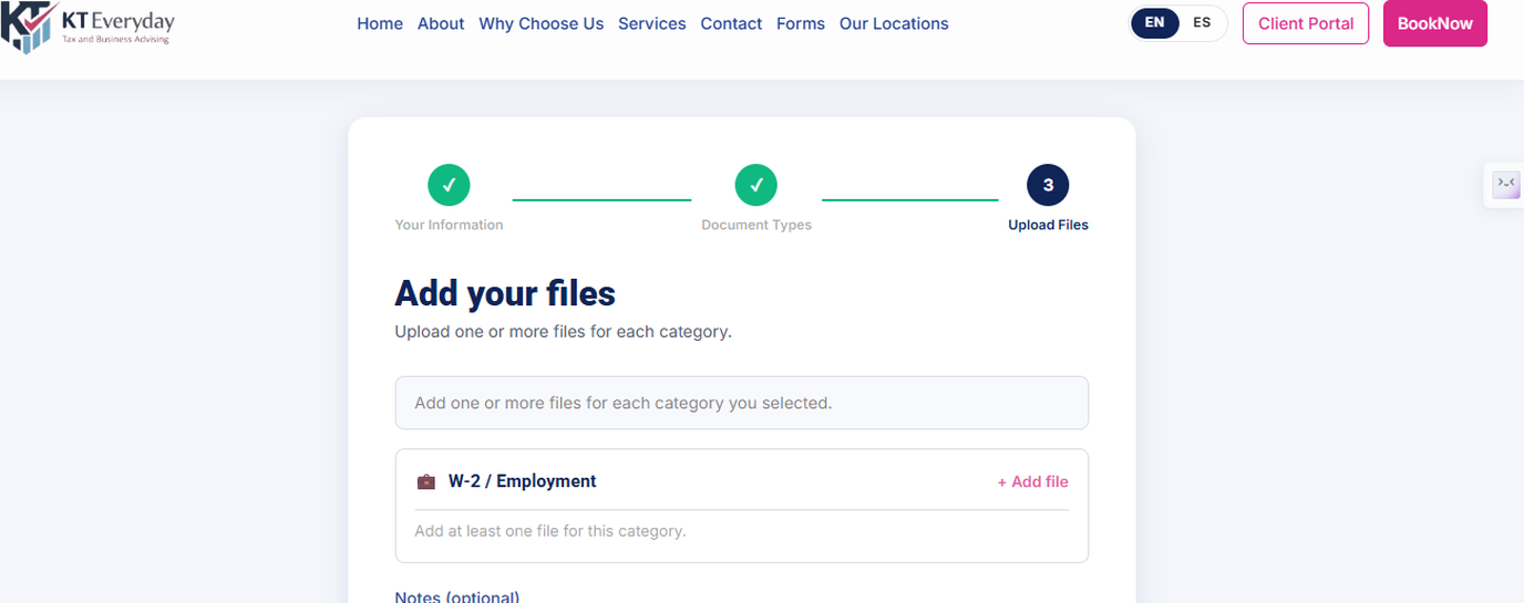 Portal wizard Step 3, Upload Files with category tiles